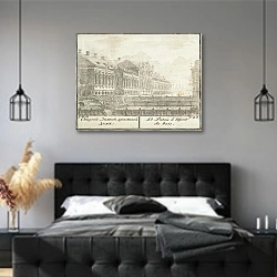 «Вид старого Зимнего дворца и канала, Соединяющего Мойку с Невой» в интерьере современной спальни с черной кроватью
