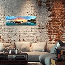 «Австралия, Сидней. Закат в гавани» в интерьере гостиной в стиле лофт с кирпичными стенами