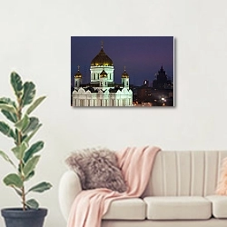 «Москва. Храм Христа Спасителя и МИД» в интерьере современной светлой гостиной над диваном