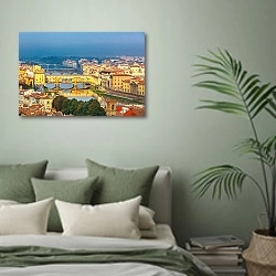 «Италия, Флоренция. Вид на мосты через реку Арно» в интерьере современной спальни в зеленых тонах