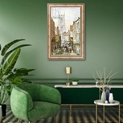«A View of Irongate, Derby» в интерьере гостиной в зеленых тонах