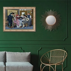 «Вечеринка за столом» в интерьере классической гостиной с зеленой стеной над диваном