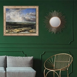 «Пейзаж с ястребиной охотой» в интерьере классической гостиной с зеленой стеной над диваном