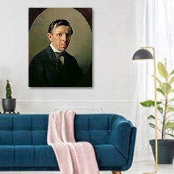 «Portrait of Sergei Konstantinovich Zaryanko» в интерьере современной гостиной над синим диваном