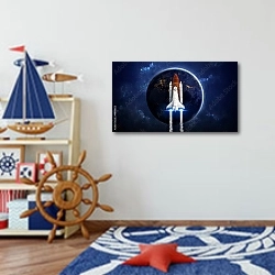 «Шаттл взлетает на фоне планеты» в интерьере детской комнаты для мальчика в морской тематике