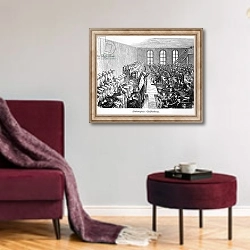 «Quaker Meeting, Philadelphia, from 'Nord Amerika' by Hesse-Warburg, 1888» в интерьере гостиной в бордовых тонах