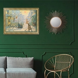 «Frosty Morning» в интерьере классической гостиной с зеленой стеной над диваном