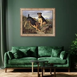 «Welsh Terriers Glansevin Coquette and Champion Glansevin Coda» в интерьере зеленой гостиной над диваном