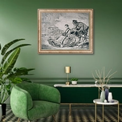 «Winter Amusement, from the 'Gazette des Beaux-Arts', engraved by E. Champollion» в интерьере гостиной в зеленых тонах