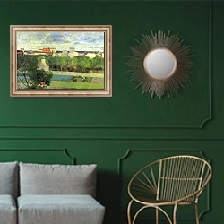 «Крестьяне, занимающиеся разведением гусей» в интерьере классической гостиной с зеленой стеной над диваном