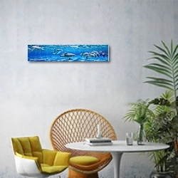 «Подводная панорама с дельфинами» в интерьере современной гостиной с желтым креслом