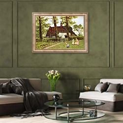 «'A Surrey cottage'  by Kate Greenaway.» в интерьере гостиной в оливковых тонах