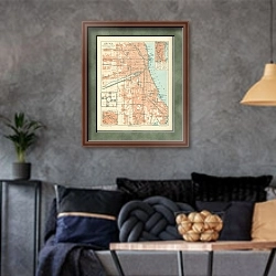 «Карта Чикаго, конец 19 в.» в интерьере гостиной в стиле лофт в серых тонах