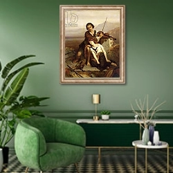 «Comfort in Grief, c.1852» в интерьере гостиной в зеленых тонах
