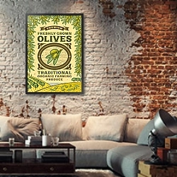 «Оливки, ретро-плакат» в интерьере гостиной в стиле лофт с кирпичной стеной