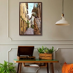«Улица в Тоскане #14» в интерьере комнаты в стиле ретро с проигрывателем виниловых пластинок