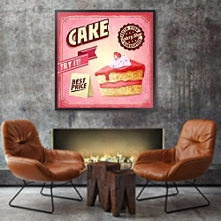 «Ретро плакат с кусочком клубничного торта» в интерьере в стиле лофт с бетонной стеной над камином
