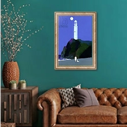 «Night lighthouse» в интерьере гостиной с зеленой стеной над диваном