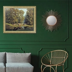 «Троицын день. 1884» в интерьере классической гостиной с зеленой стеной над диваном