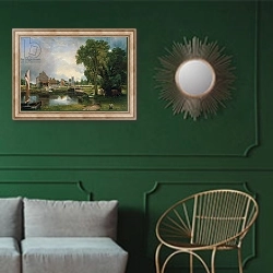 «Dedham Lock and Mill, 1820» в интерьере классической гостиной с зеленой стеной над диваном