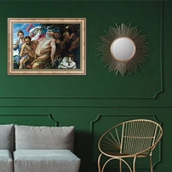 «Пьяный Силенус, поддерживаемый Сатирами» в интерьере классической гостиной с зеленой стеной над диваном