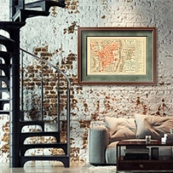 «Карта Иерусалима, конец 19 в. 1» в интерьере двухярусной гостиной в стиле лофт с кирпичной стеной