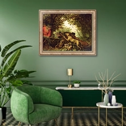 «Boar Hunt, 1611» в интерьере гостиной в зеленых тонах