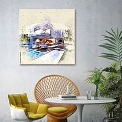 «Архитектурный эскиз дома с бассейном» в интерьере современной гостиной с желтым креслом