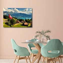«Швейцария. View of Interlaken with Swiss flag» в интерьере современной столовой в пастельных тонах