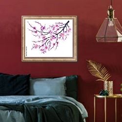 «Восточная вишневая ветка с розовыми цветами 1» в интерьере спальни с акцентной стеной