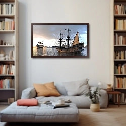 «Морской пейзаж парусные корабли в гавани» в интерьере 