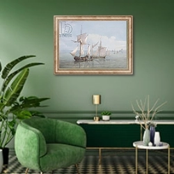 «A Hoy and a Lugger with other Shipping on a Calm Sea» в интерьере гостиной в зеленых тонах