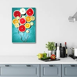 «Воздушные шарики из фруктов» в интерьере кухни в голубых тонах