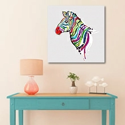 «Цветная зебра на сером фоне» в интерьере в стиле поп-арт над голубым столиком