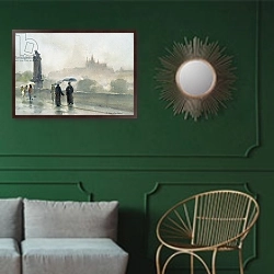 «Umbrellas, Charles Bridge, Prague» в интерьере классической гостиной с зеленой стеной над диваном