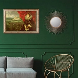 «The Infanta Isabella Clara Eugenia» в интерьере классической гостиной с зеленой стеной над диваном