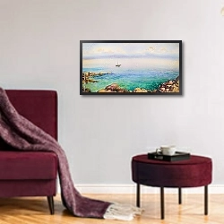 «Акварельная живопись, морской пейзаж» в интерьере гостиной в бордовых тонах