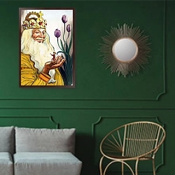 «The Story of Tom Thumb 20» в интерьере классической гостиной с зеленой стеной над диваном