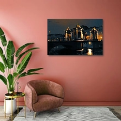 «Россия. Санкт-Петербург. Мост Ломоносова #2» в интерьере современной гостиной в розовых тонах