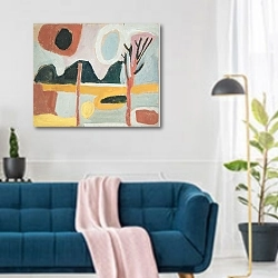 «Pejzaż stylizowany z drzewem» в интерьере современной гостиной над синим диваном