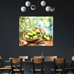 «Зеленые оливки в деревянной миске на столе» в интерьере столовой с черными стенами