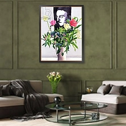 «Fernando Pessoa, Roses and Lilies» в интерьере гостиной в оливковых тонах