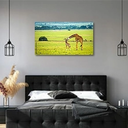 «Два жирафа на фоне зеленой долины» в интерьере современной спальни с черной кроватью