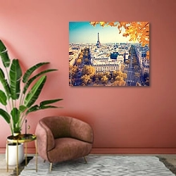 «Вид на Эйфелеву башню на закате» в интерьере современной гостиной в розовых тонах