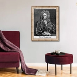 «Sir John Vanbrugh, engraved by Thomas Chambars» в интерьере гостиной в бордовых тонах