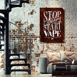 «Start smoking start vape» в интерьере двухярусной гостиной в стиле лофт с кирпичной стеной