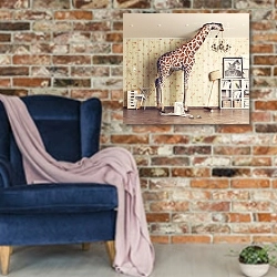 «Жираф в гостиной» в интерьере в стиле лофт с кирпичной стеной и синим креслом