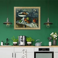 «Натюрморт с яблоками 8» в интерьере кухни с зелеными стенами