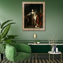 «Portrait of Empress Elizabeth, 1758» в интерьере гостиной в зеленых тонах