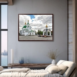«Москва, Россия. Свято-Данилов монастырь» в интерьере современной гостиной в серых тонах